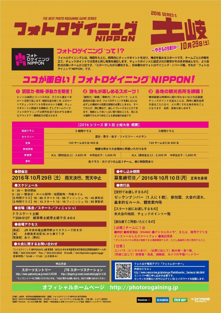 フォトロゲイニング土岐大会、参加申込は１０月１０日（月・祝）まで